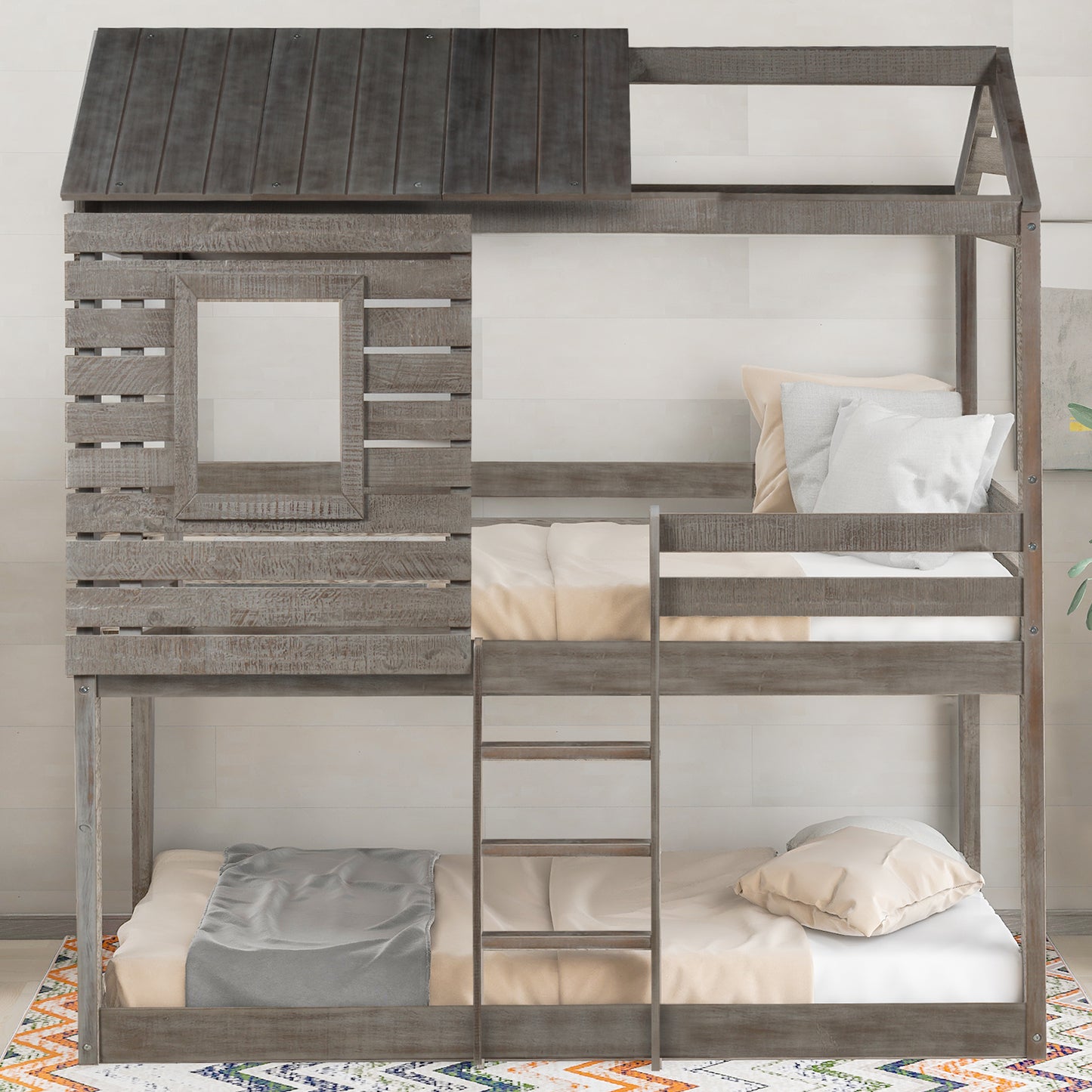 Twin Over Twin Bunk Bed Wood Loft Bed with Roof, Window, Guardrail,   Kids, Teens, Girls, Boys ( Antique Gray )