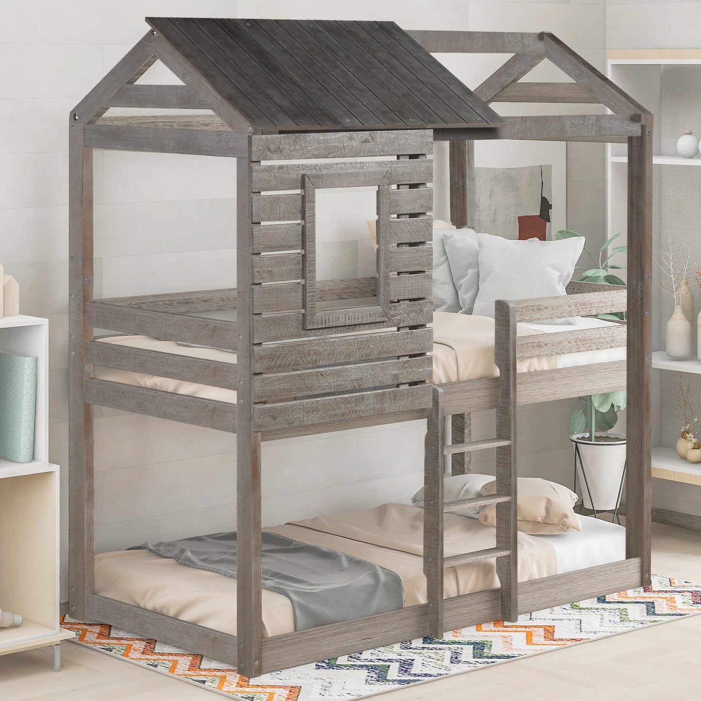Twin Over Twin Bunk Bed Wood Loft Bed with Roof, Window, Guardrail,   Kids, Teens, Girls, Boys ( Antique Gray )