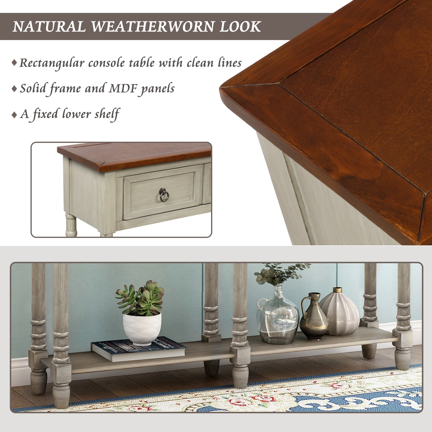 Console Table Sofa Table with Storage Entryway with Drawers and Shelf (Antique Grey)
