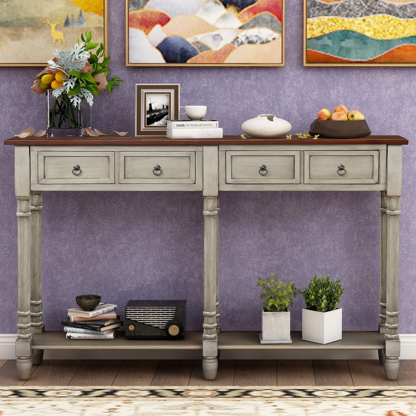 Console Table Sofa Table with Storage Entryway with Drawers and Shelf (Antique Grey)