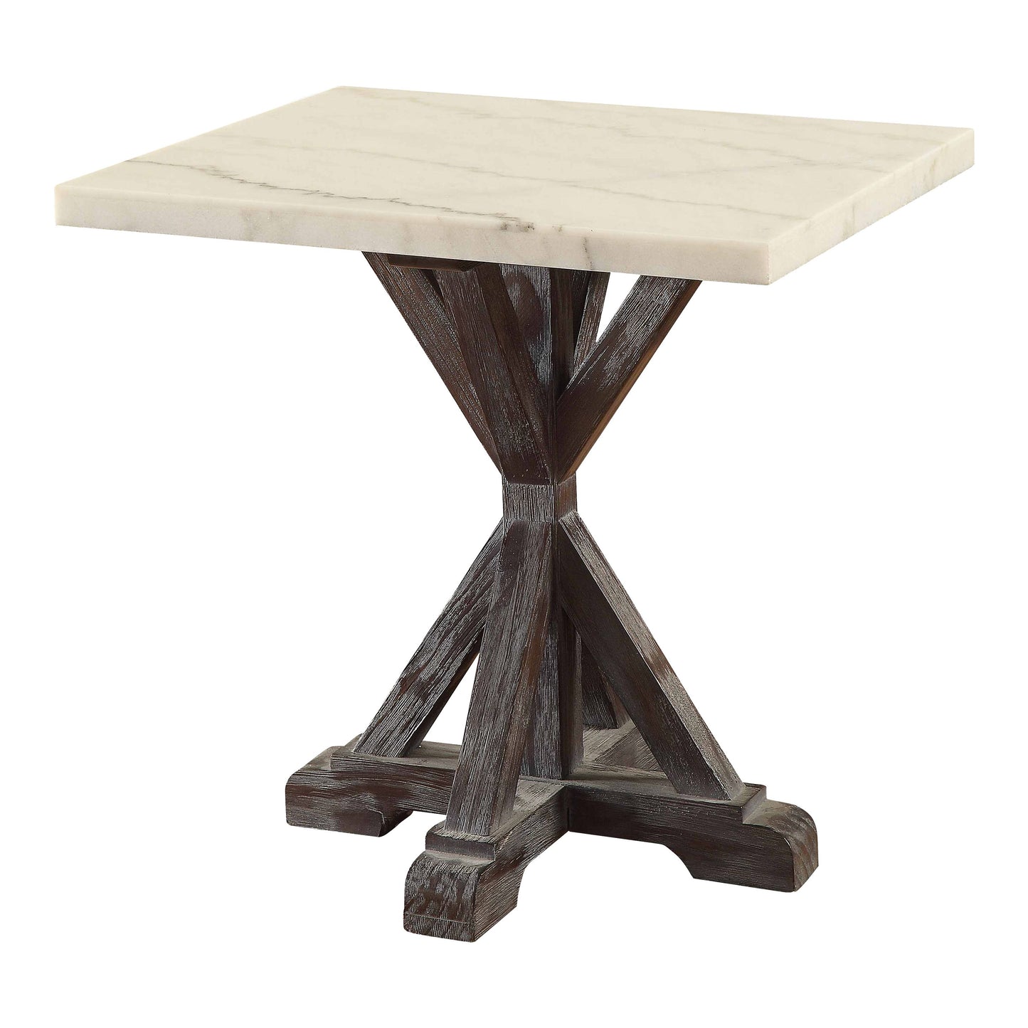 Romina End Table in White Marble & Weathered Espresso