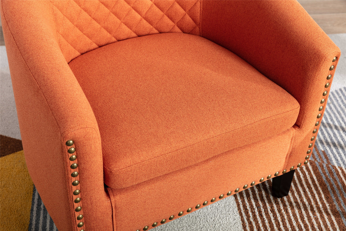 Accent Barrel Chair  Chair with Nailheads and Solid Wood Legs Orange Linen