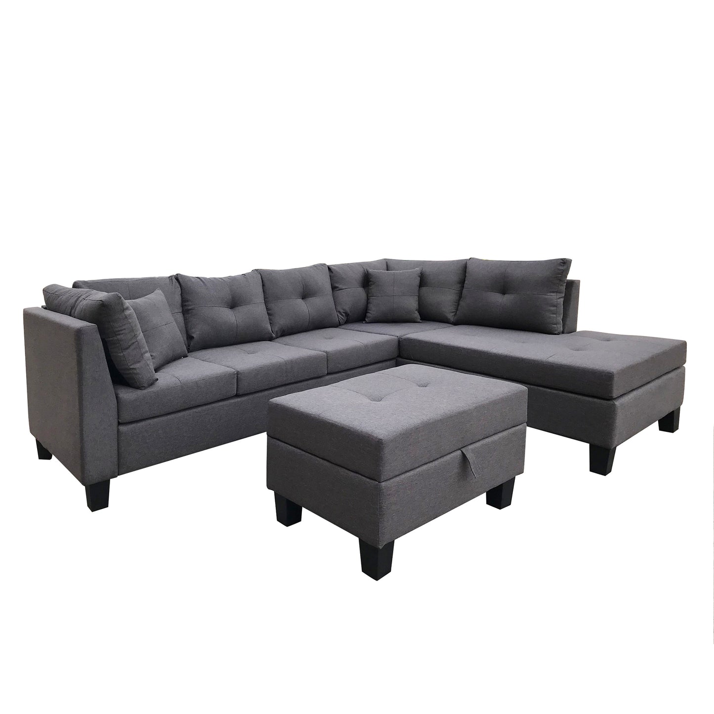 Sectional Sofa Set     with  Right Hand Chaise Lounge and  Ottoman  (Dark Grey)