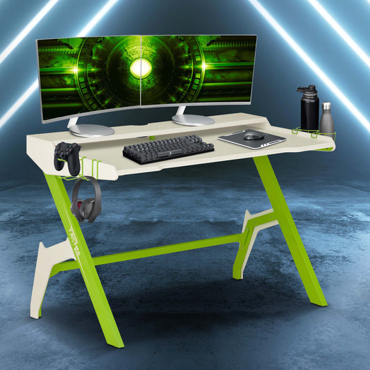 Techni Sport Ergonomic Computer Gaming  Desk Workstation with Cupholder Headphone Hook, Green