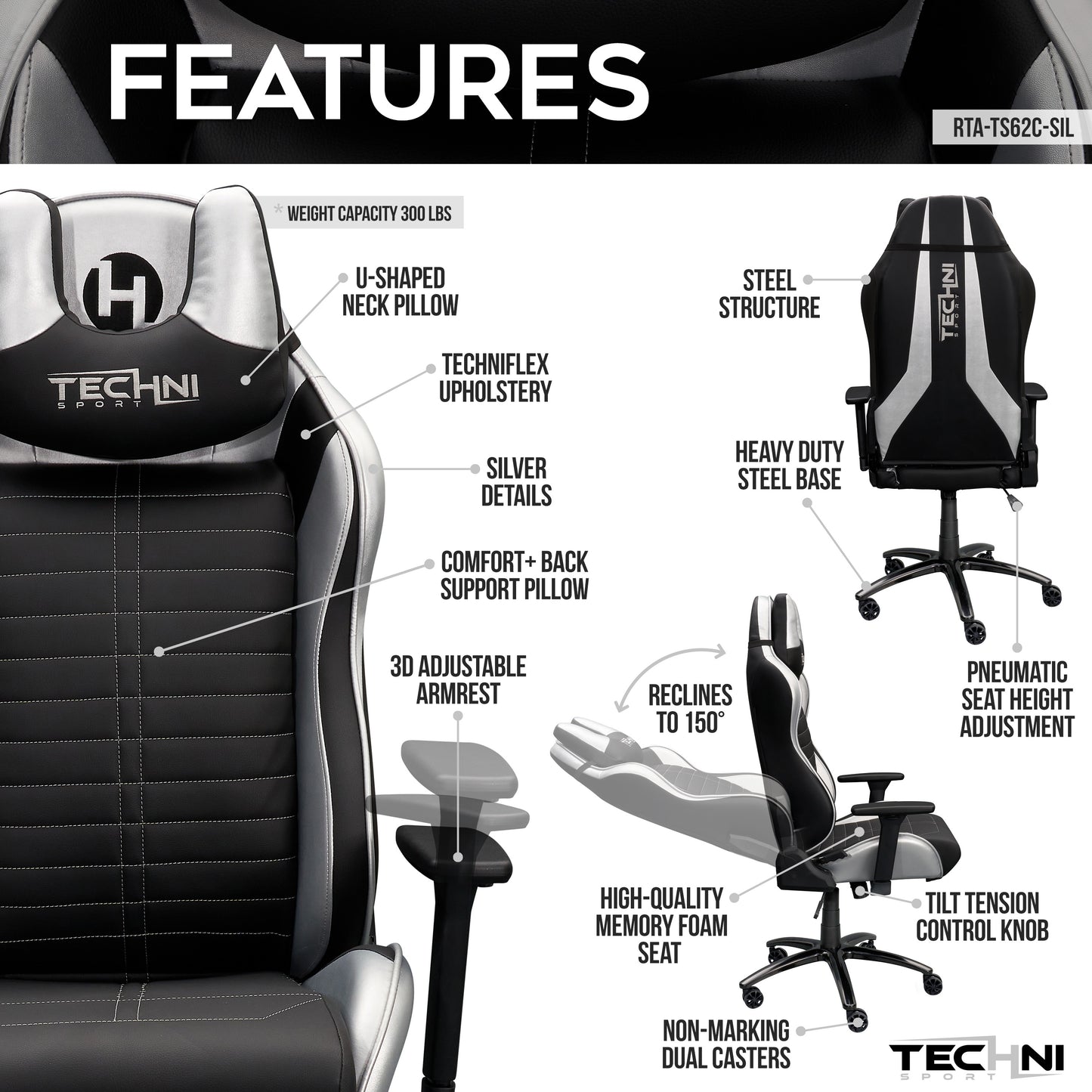 Ergonomic Racing Style Gaming  Chair - Silver