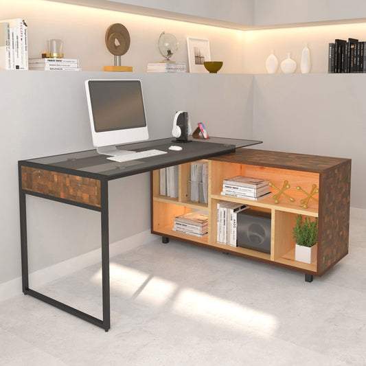 L-Shape Corner Desk with Multiple Compartments, Oak