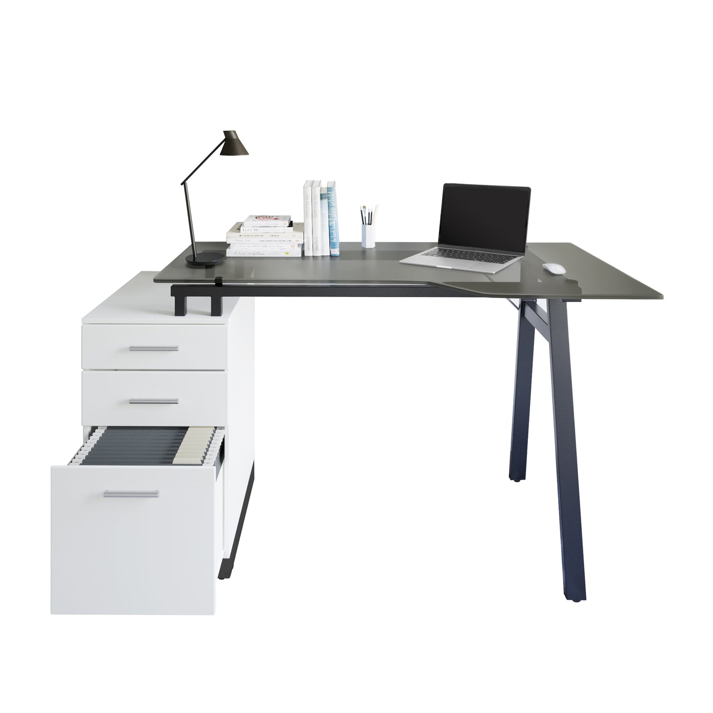 Modern  Office Computer Desk with smoke tempered glass top   - White