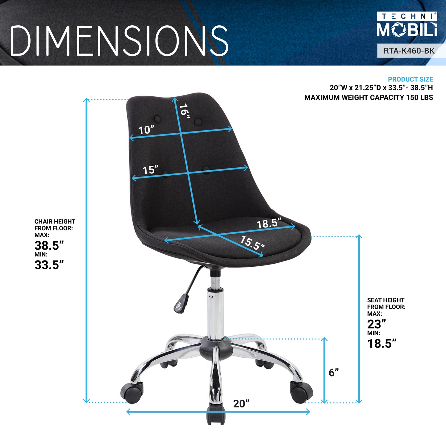 Armless Task Chair with Buttons, Black
