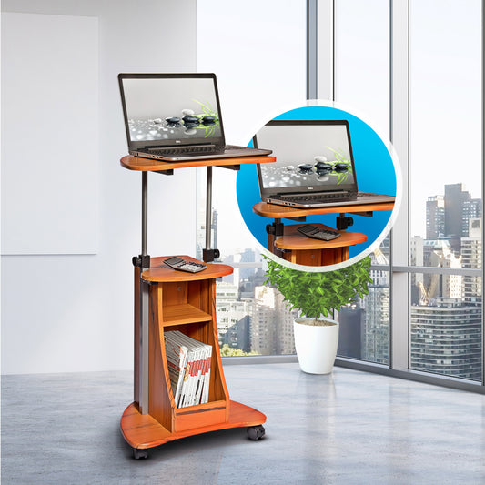 Woodgrain Sit-to-Stand Rolling Adjustable Height Laptop Desk Cart With Compartments