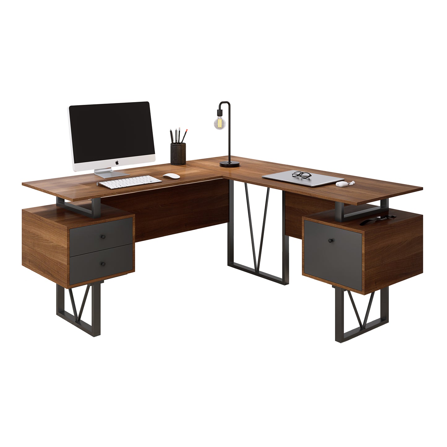 Reversible L-Shape Computer Desk with Drawers and File Cabinet, Walnut