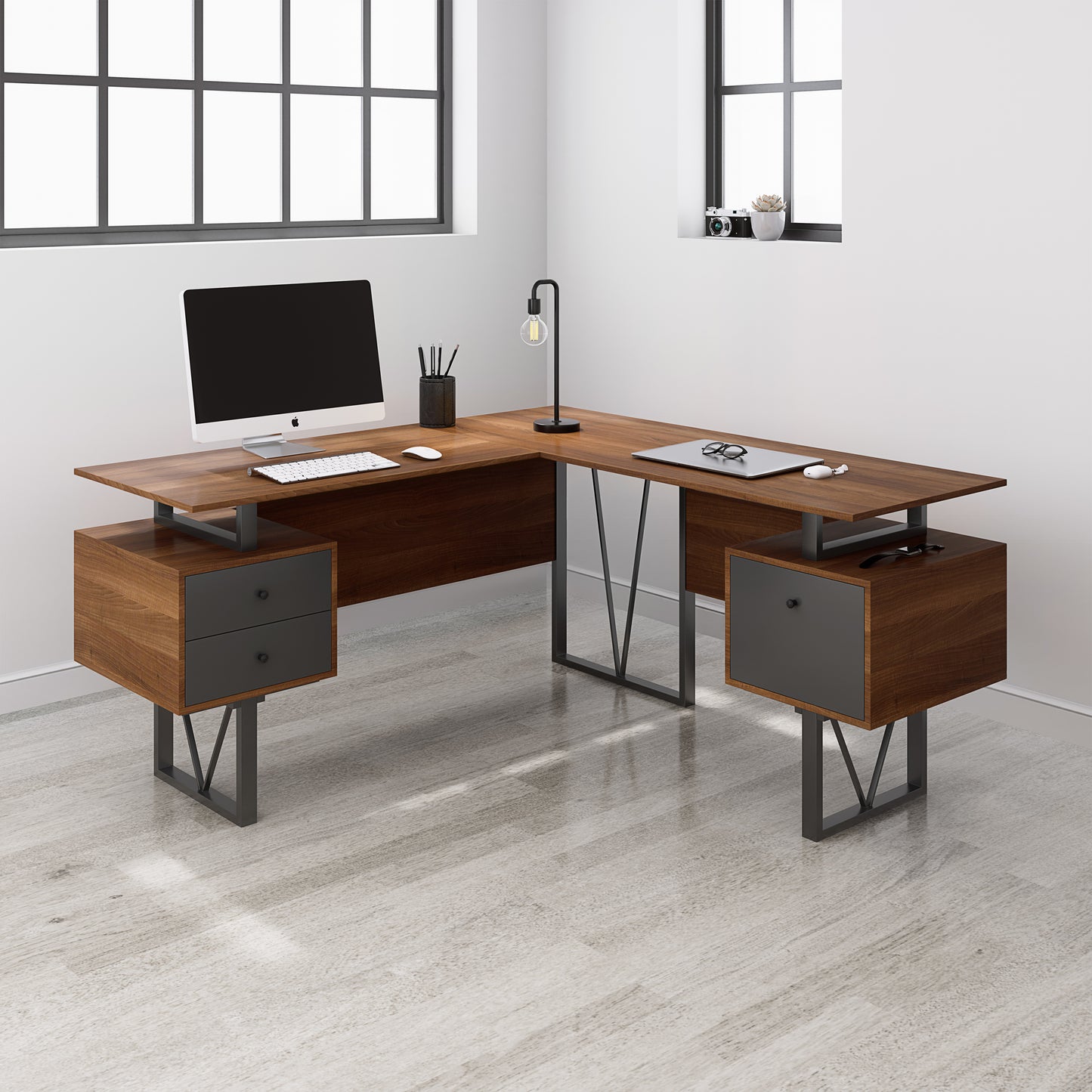 Reversible L-Shape Computer Desk with Drawers and File Cabinet, Walnut