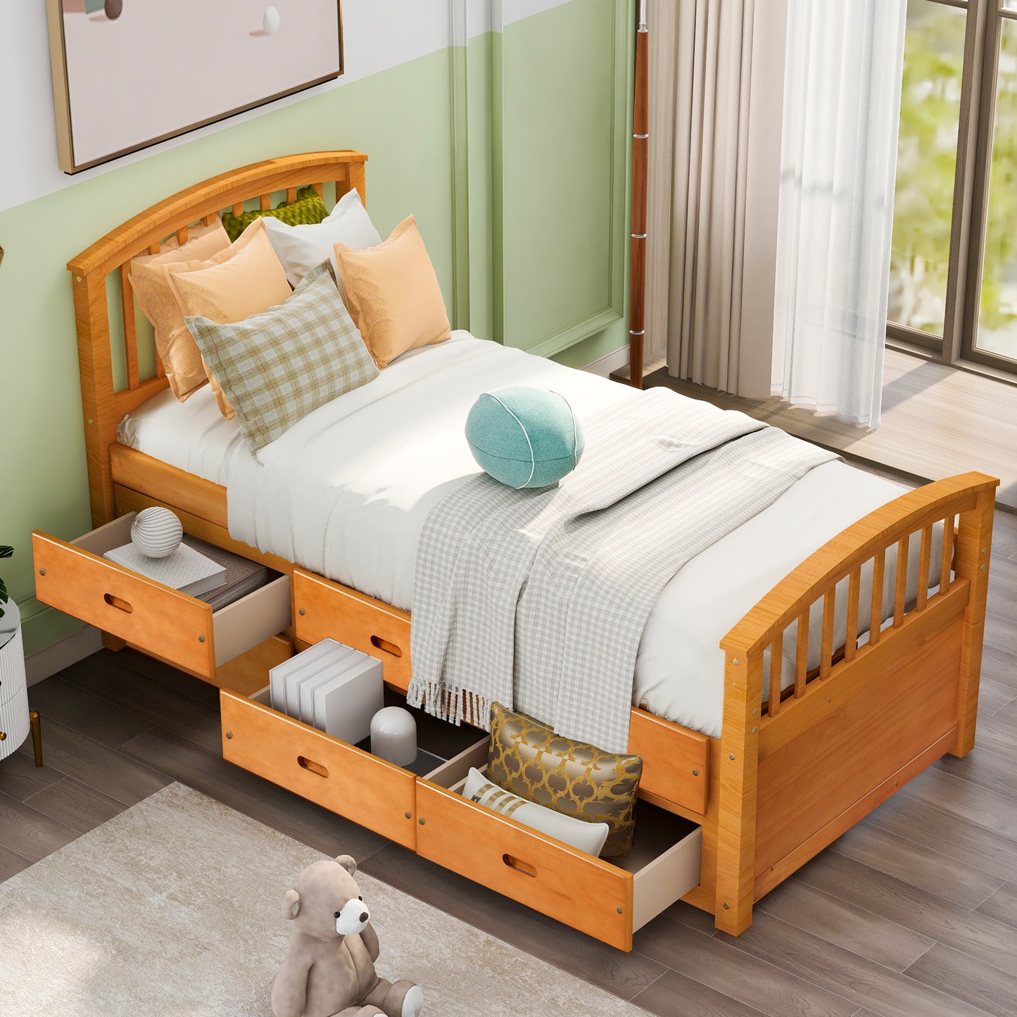 Twin Size Platform  Bed Solid Wood Bed with 6 Drawers