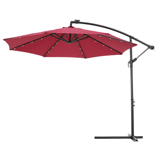 Solar LED Patio Outdoor Umbrella Hanging Cantilever Offset Easy Open Adustment with 24 LED Lights - Burgundy