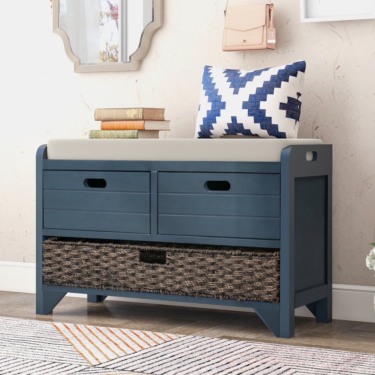 Storage Bench with Removable Basket and 2 Drawers, Fully Assembled Shoe Bench with Removable Cushion (Navy)