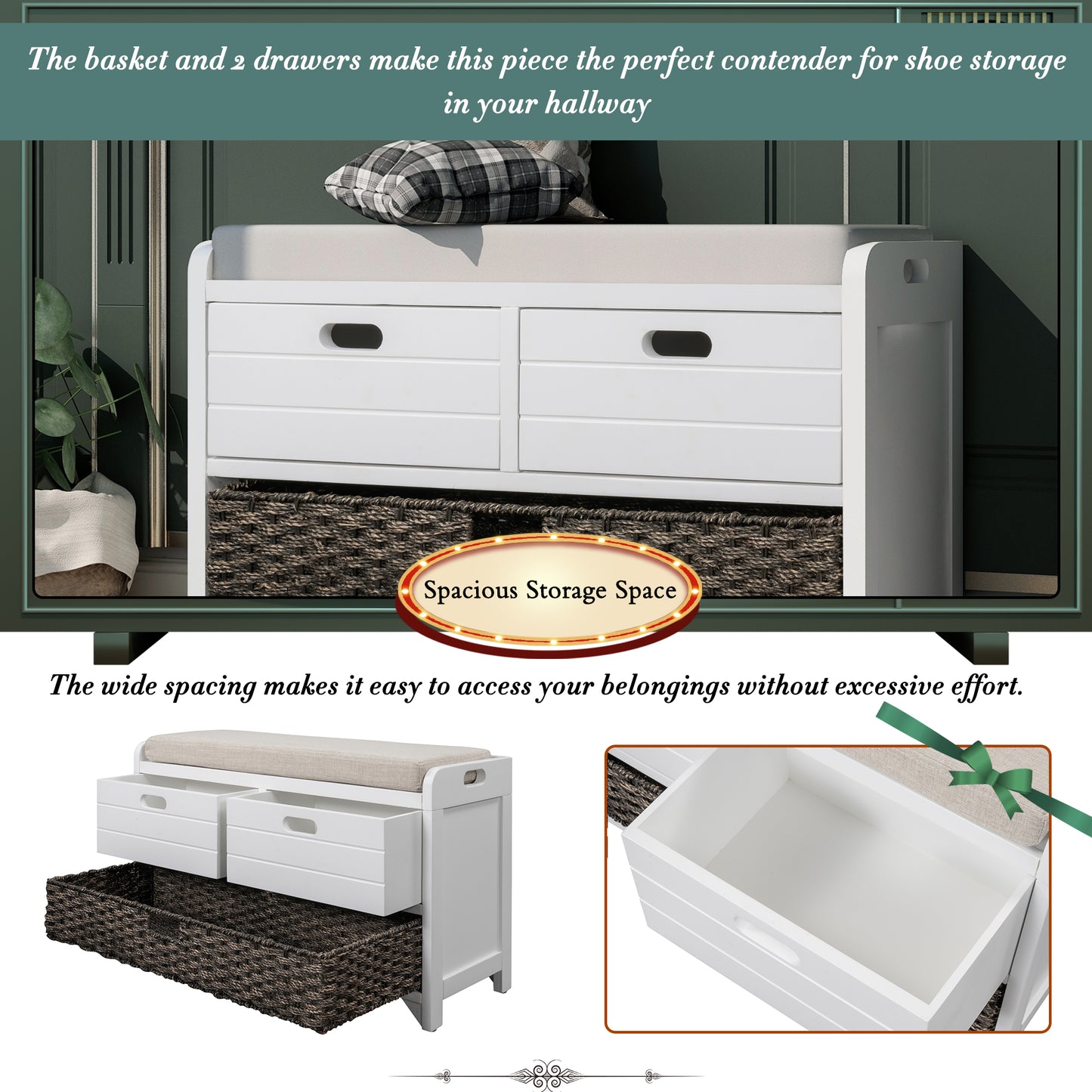 Storage Bench with Removable Basket and 2 Drawers, Fully Assembled Shoe Bench with Removable Cushion (White)