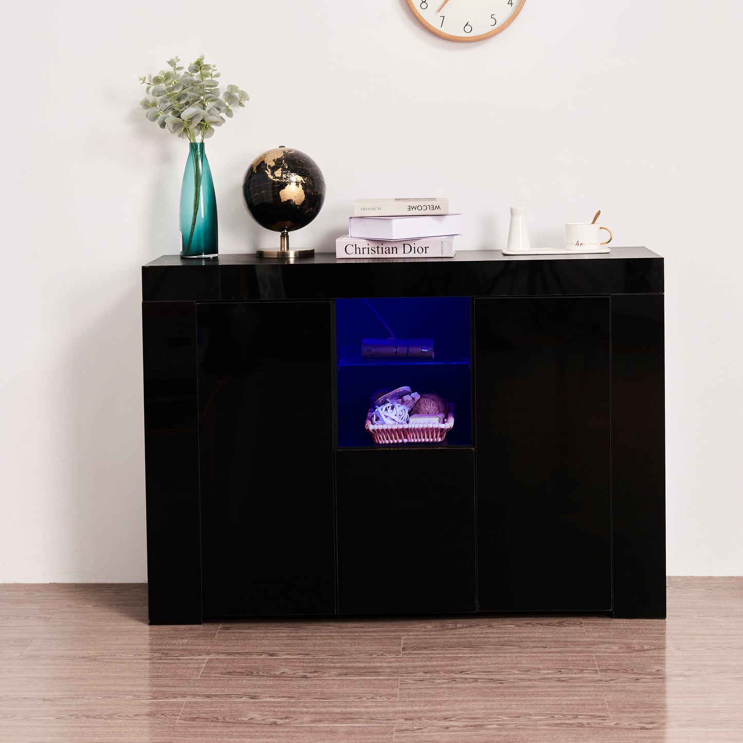 Sideboard Cupboard with LED Light, Black High Gloss Storage Cabinet/TV Stand
