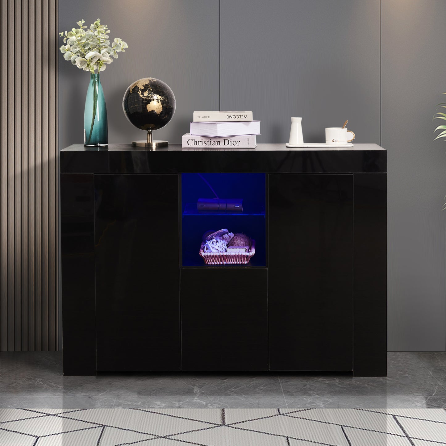 Sideboard Cupboard with LED Light, Black High Gloss Storage Cabinet/TV Stand
