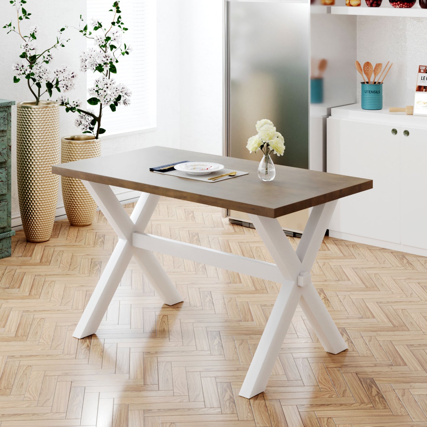 Farmhouse Rustic Wood  Dining Table with X-shape Legs, Brown+White