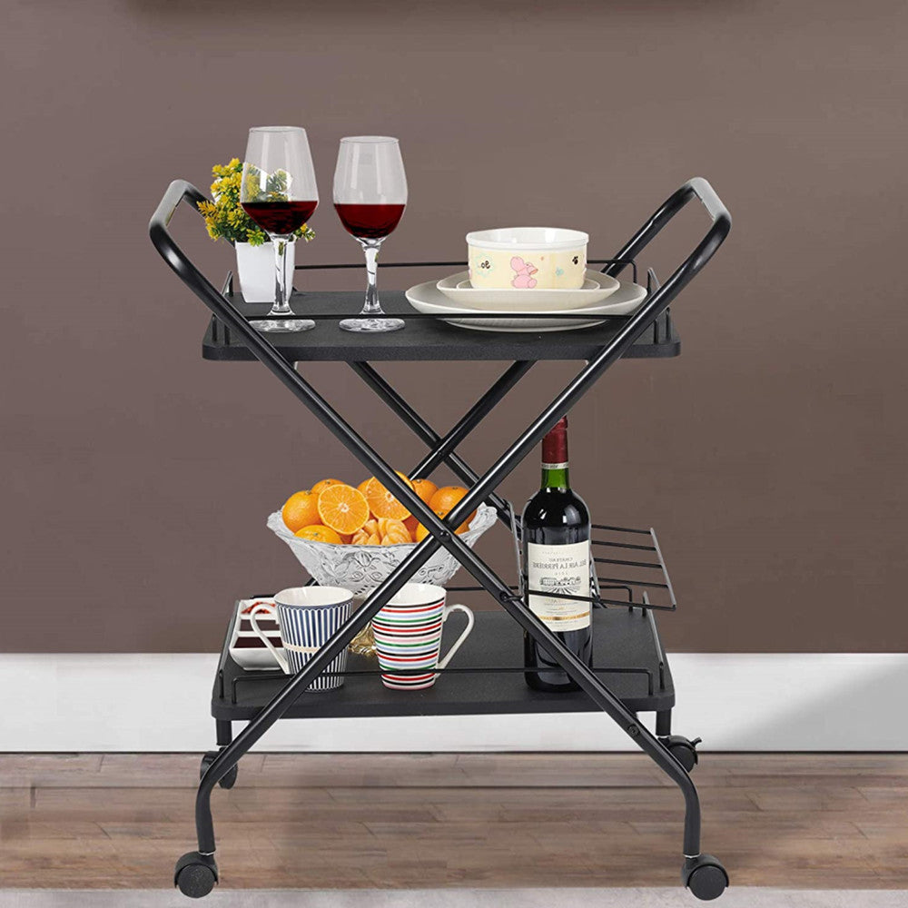 2-Tier Rolling Utility Cart with Lockable Wheels, Metal Bar Service Car With Wine Rack, with Multi-Functional Rack  Bar Office And