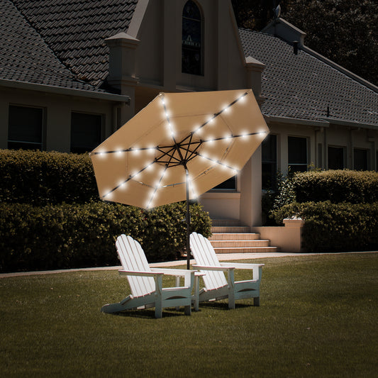3 Tiers And 8 Ribs Outdoor Umbrella With 32 LED Lights, Patio Table Umbrella with Push Button Tilt And Crank, Beige