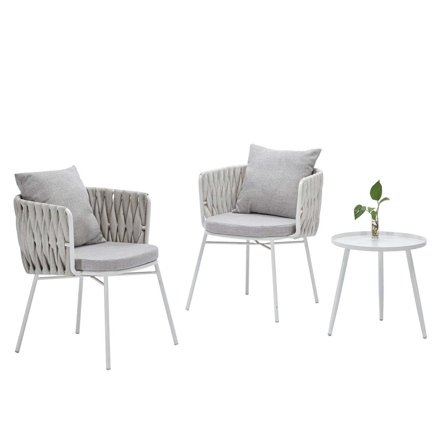 Indoor./Outdoor High Quality Rattan Garden Patio Coffee 3PCS Table and Chair Set, White Gray