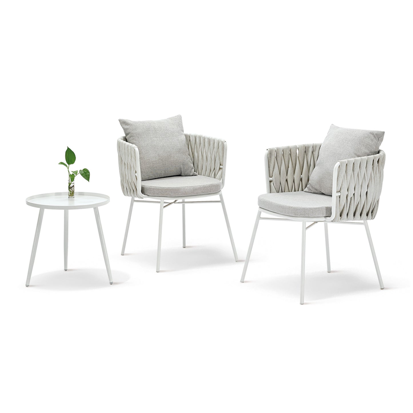Indoor./Outdoor High Quality Rattan Garden Patio Coffee 3PCS Table and Chair Set, White Gray