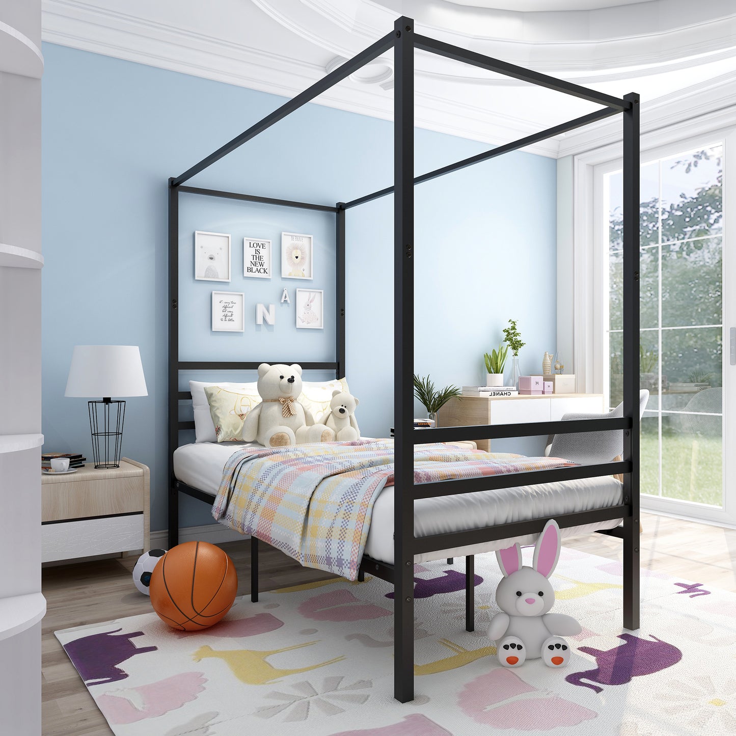 Twin Metal Canopy Platform Bed Frame with Minimalism Style Frame, Black