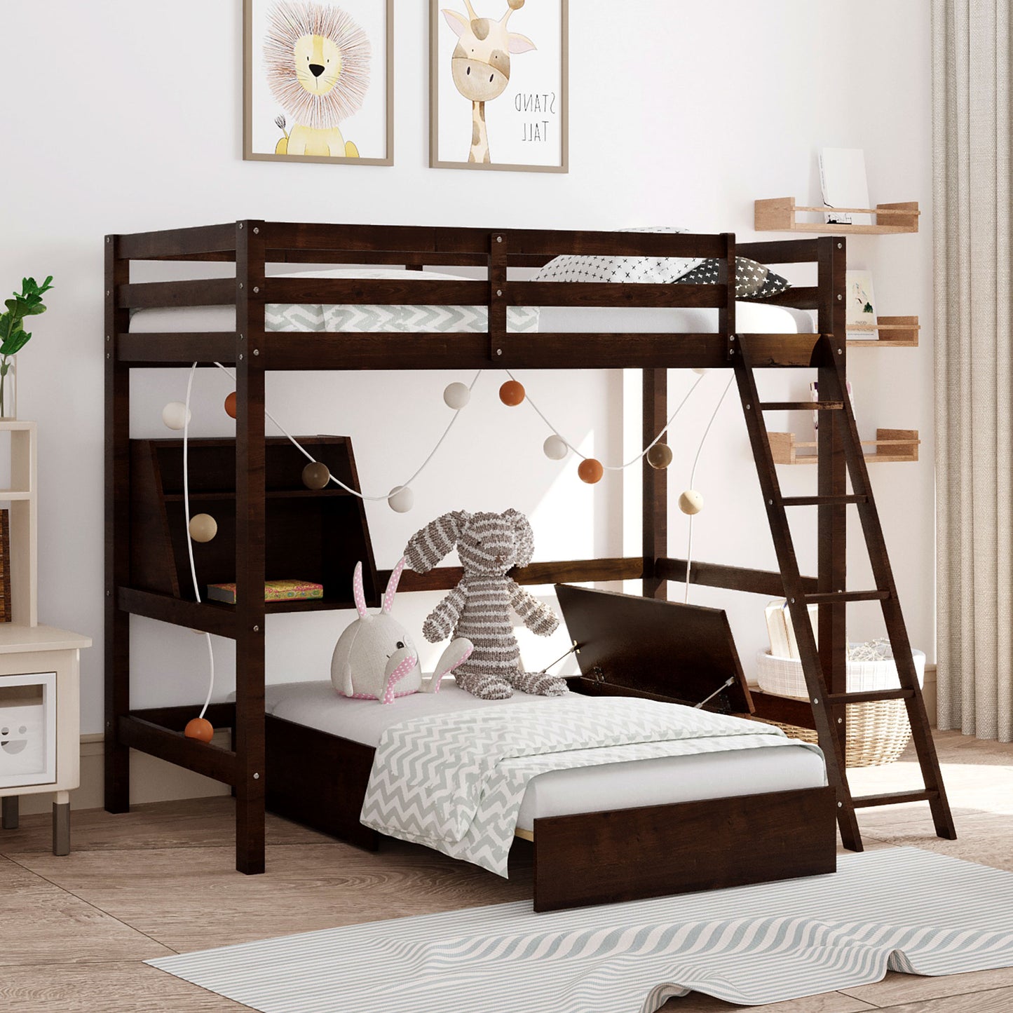 Twin Size Loft Bed Wood Bed with Convertible Lower Bed,  Drawer and Shelf ( Espresso )