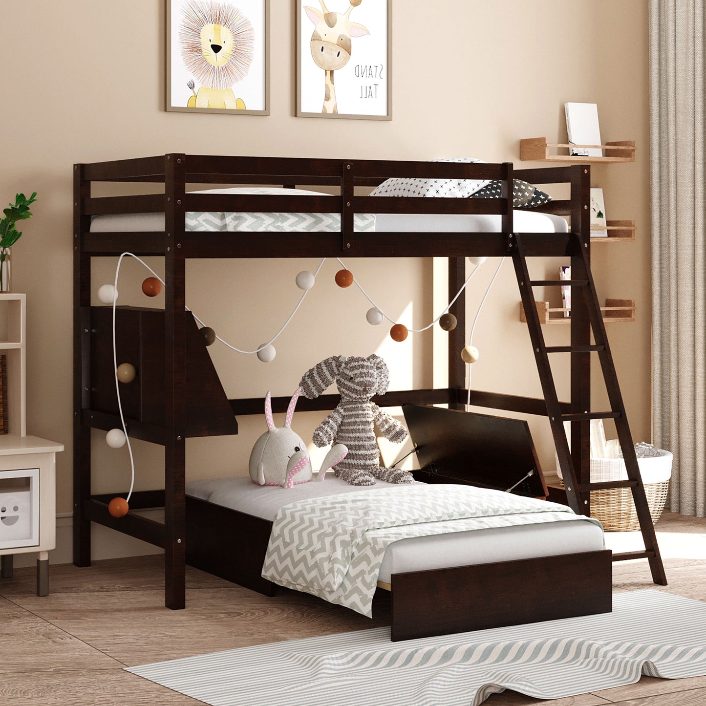 Twin Size Loft Bed Wood Bed with Convertible Lower Bed,  Drawer and Shelf ( Espresso )