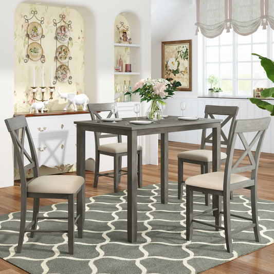 Wood 5-Piece Counter Height Dining Table Set with 4 Upholstered Chairs, Gray