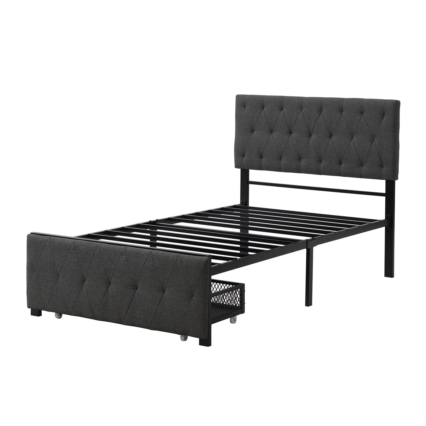 Twin Size  Bed Metal Platform Bed with a Big Drawer - Gray