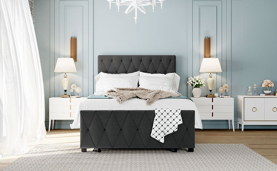 Twin Size  Bed Metal Platform Bed with a Big Drawer - Gray
