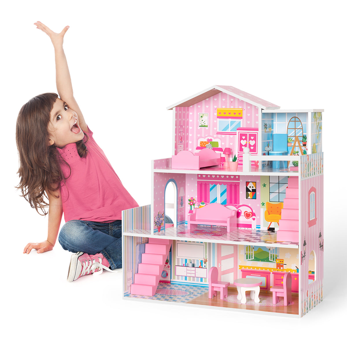 Wooden Dollhouse with Furniture, Doll House Playset for Kids