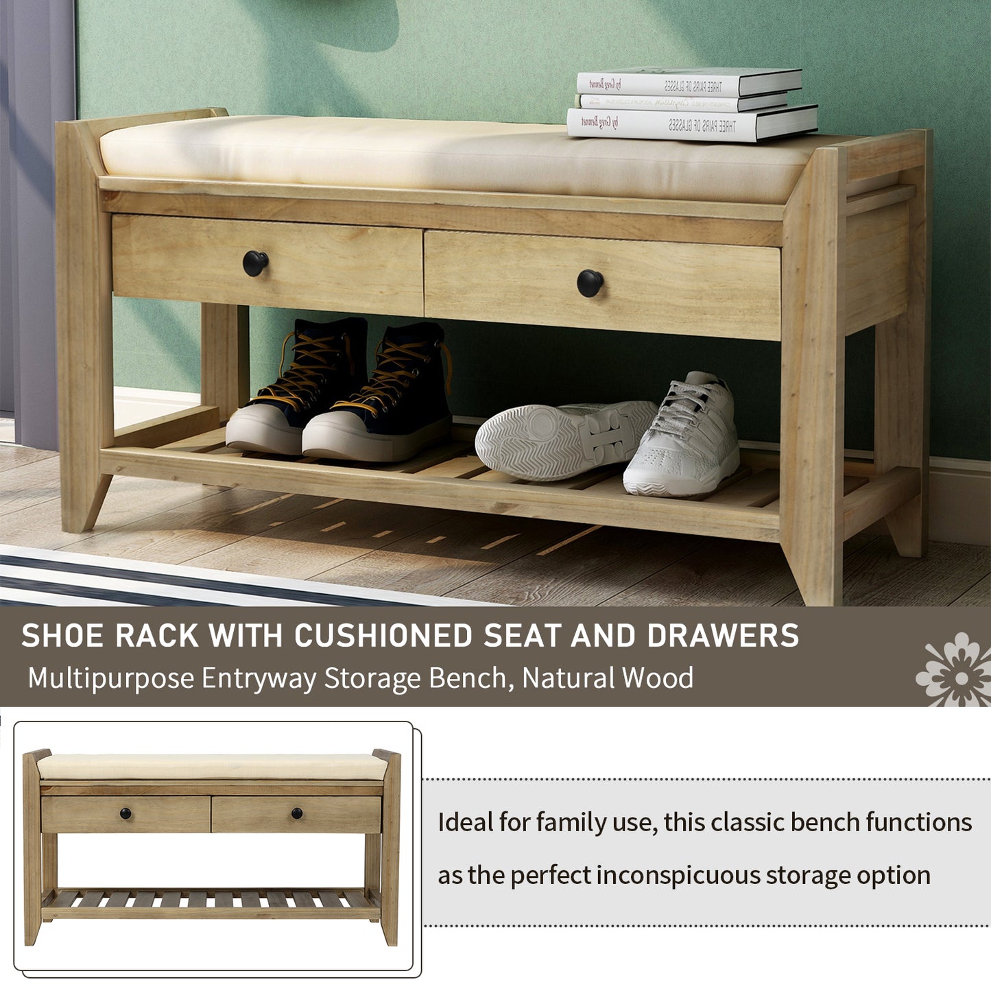 Shoe Rack with Cushioned Seat and Drawers, Multipurpose Entryway Storage Bench, Gray Wash