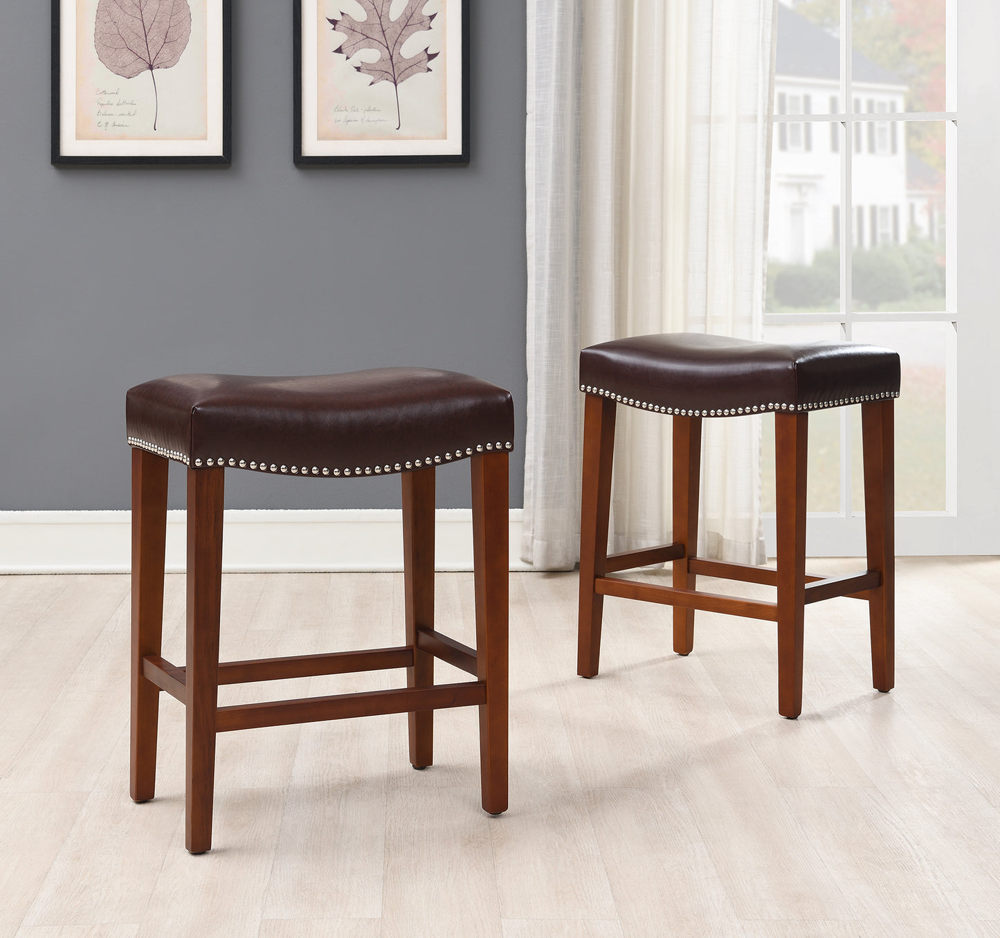 Dark Brown Leather Barstool Chair 2 pcs Set