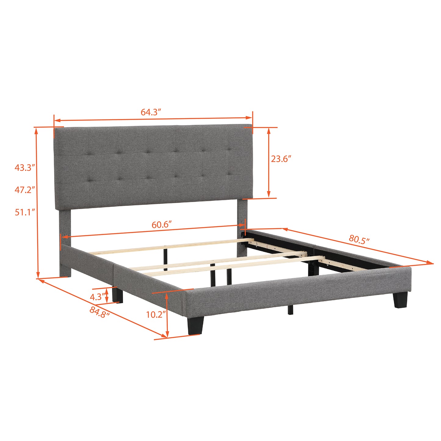 Upholstered Platform Bed with Tufted Headboard, Box Spring Needed, Gray Linen Fabric, Queen Size