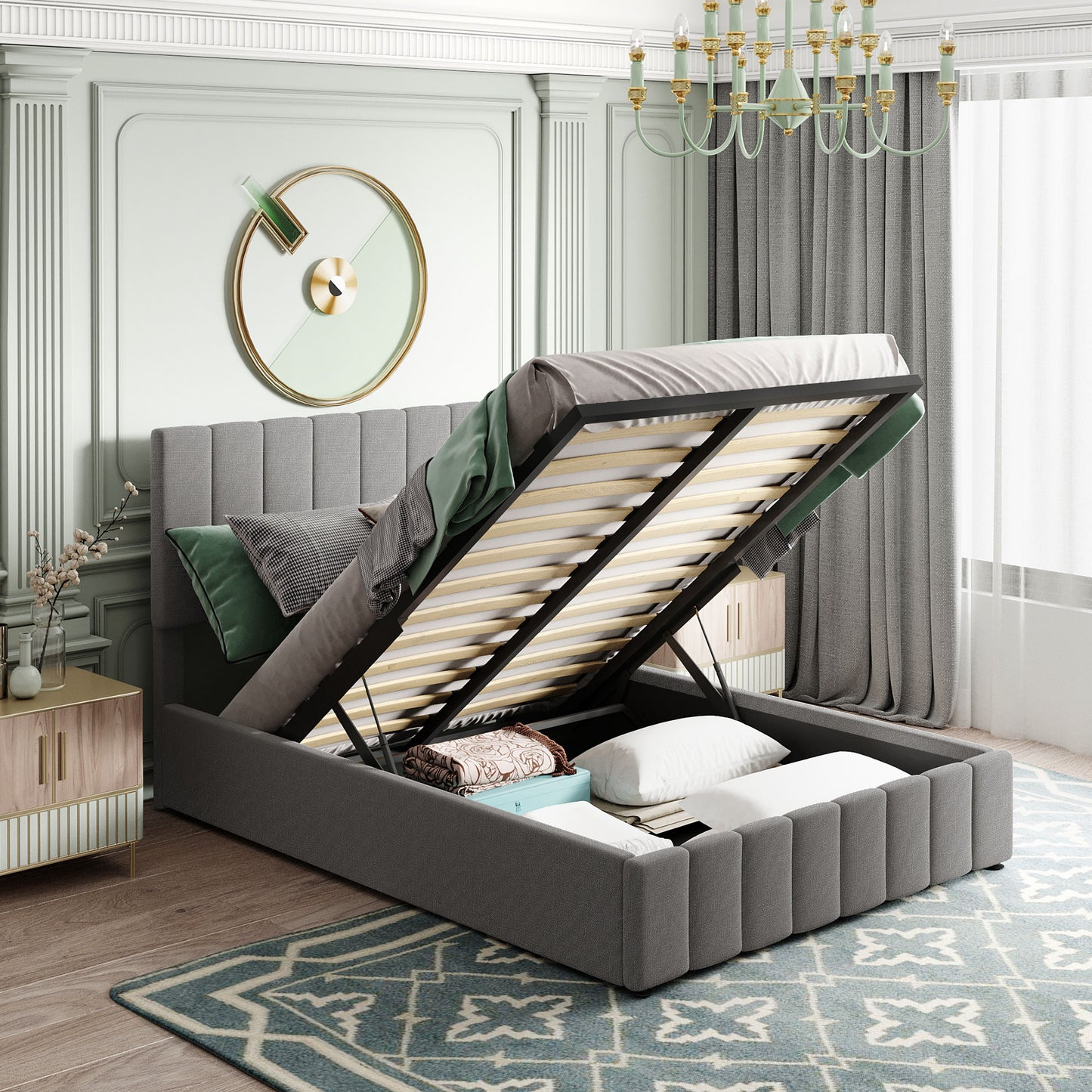 Full size Upholstered Platform bed with a Hydraulic  System - Gray