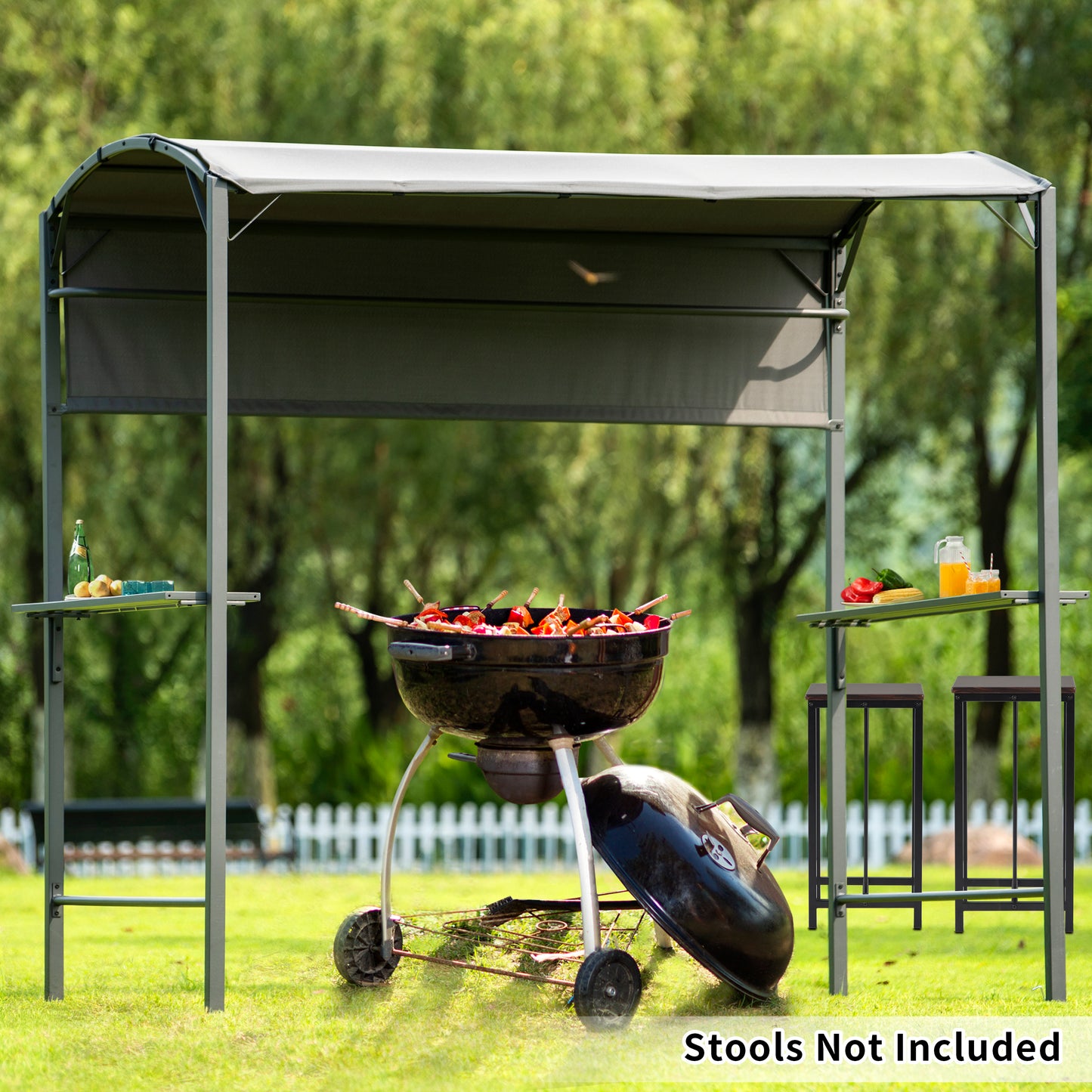 Outdoor 7Ft.Wx6.8Ft.H Steel Double Tiered Backyard Patio BBQ Grill Gazebo with Side Awning, Bar Counters and Hooks, Gray