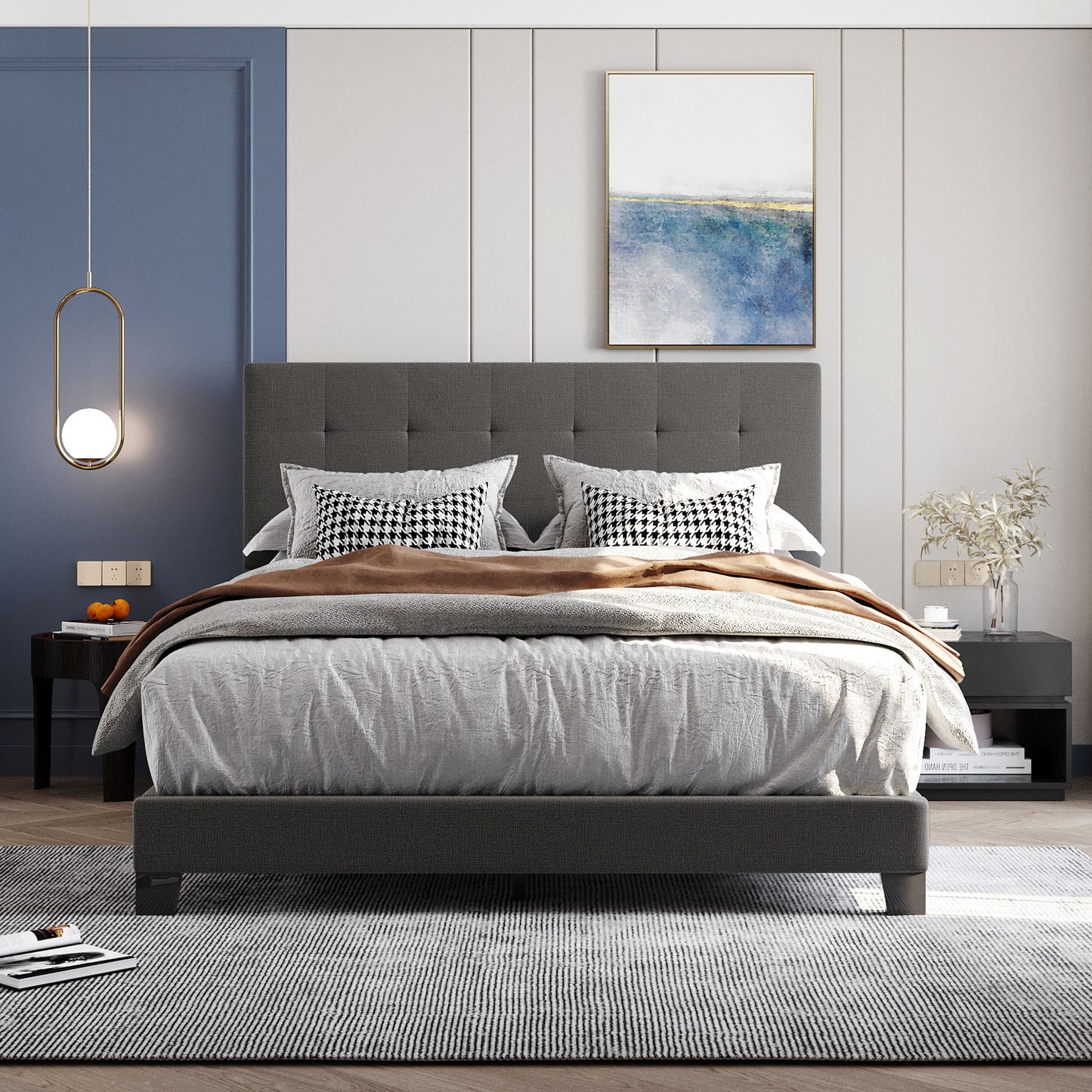Upholstered Platform Bed with Tufted Headboard, Box Spring Needed, Gray Linen Fabric, Queen Size