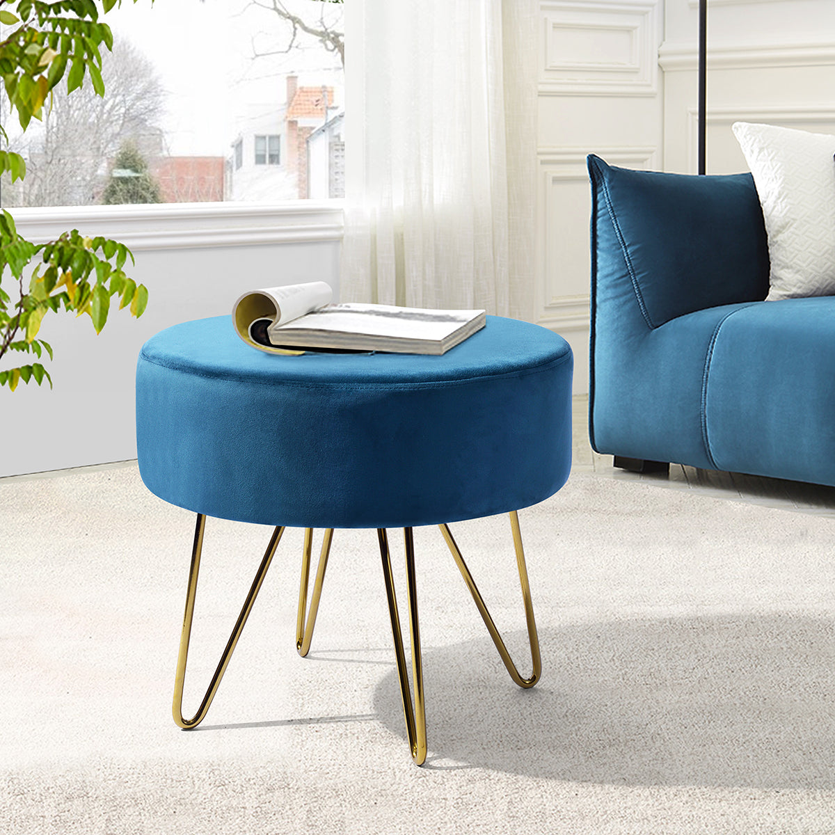 Teal and Gold Decorative Round Shaped Ottoman with Metal Legs