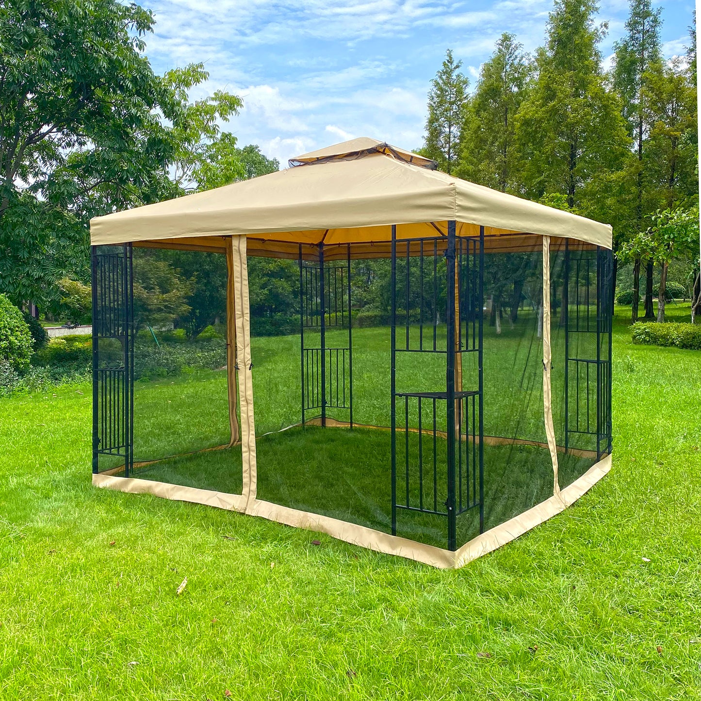 Outdoor Patio Gazebo Canopy Tent With Ventilated Double Roof And Mosquito Net(Detachable Mesh Screen On All Sides), Beige Top
