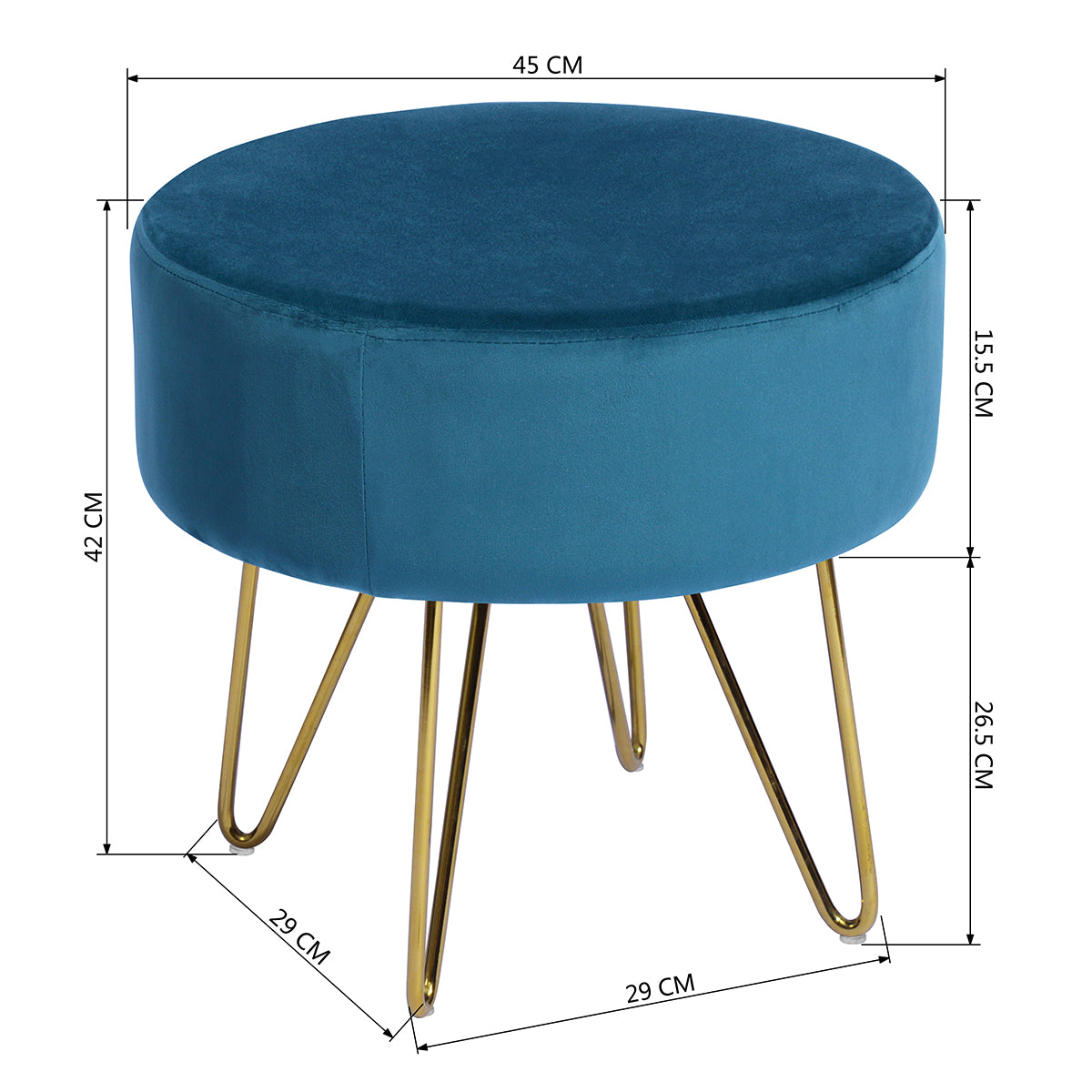Teal and Gold Decorative Round Shaped Ottoman with Metal Legs