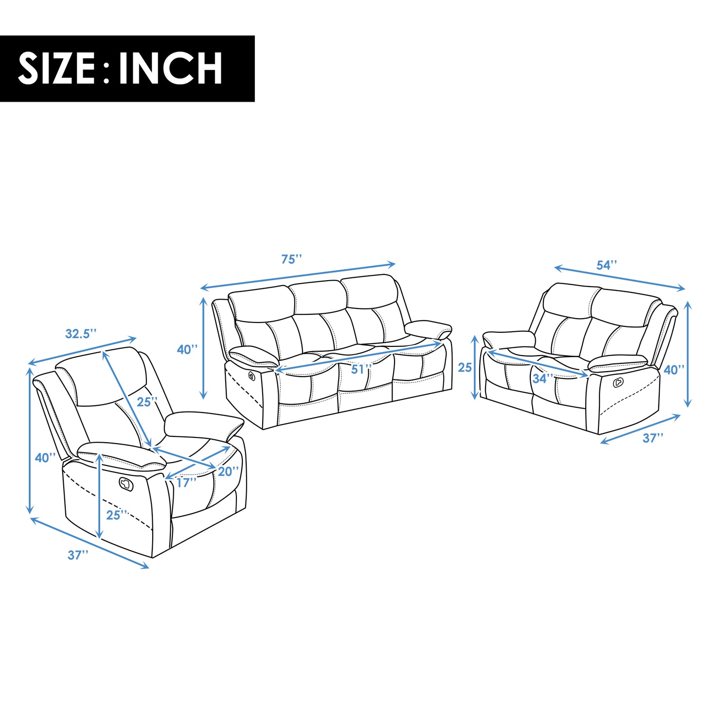 Classic Sectional Couch  Lounge Chair, Loveseat and Three Seat PU Leather Reclining Sofa Set, (1+2-Seat)