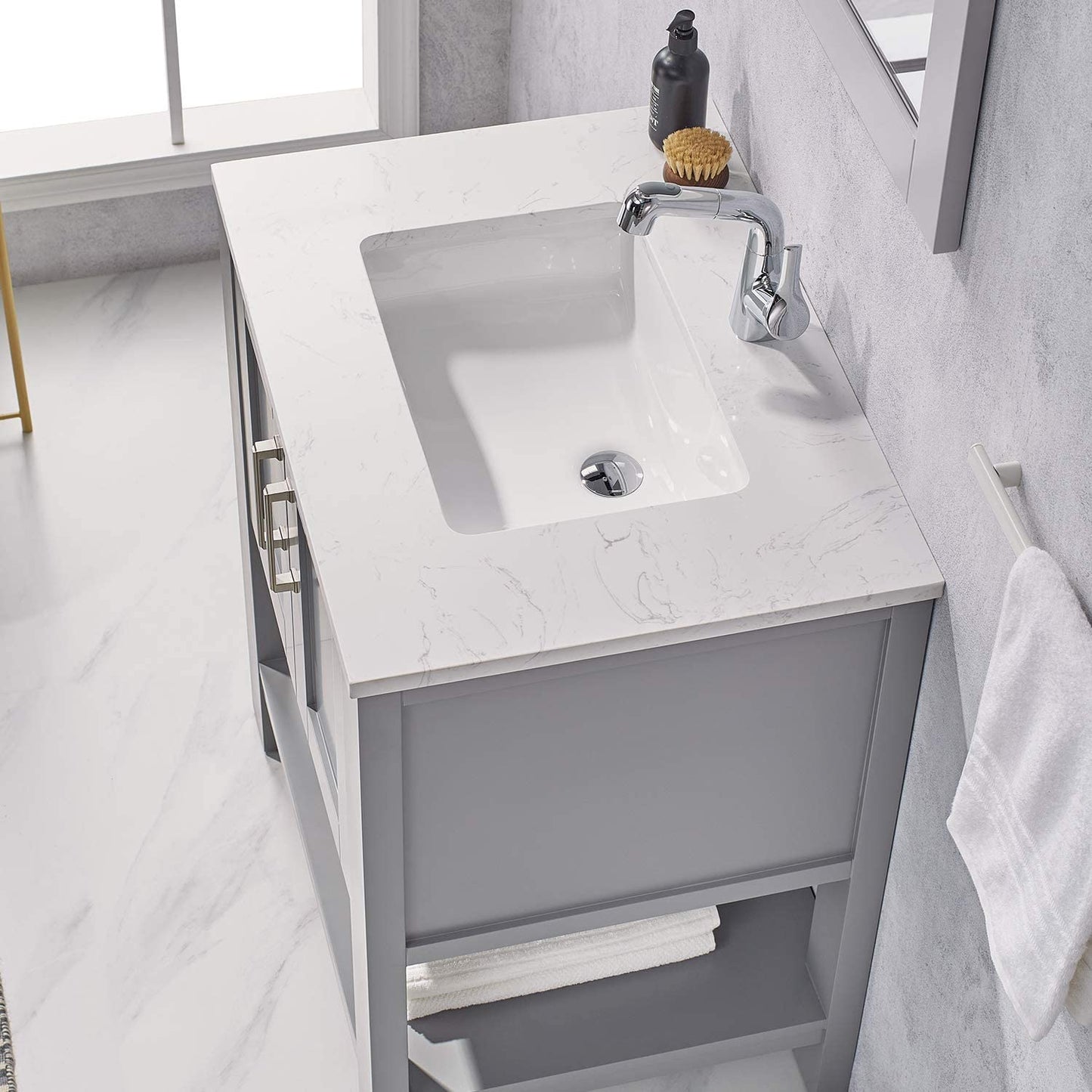 FR Gray Bathroom Vanity, 30 Inch with Marble Countertop and White Ceramic Sink