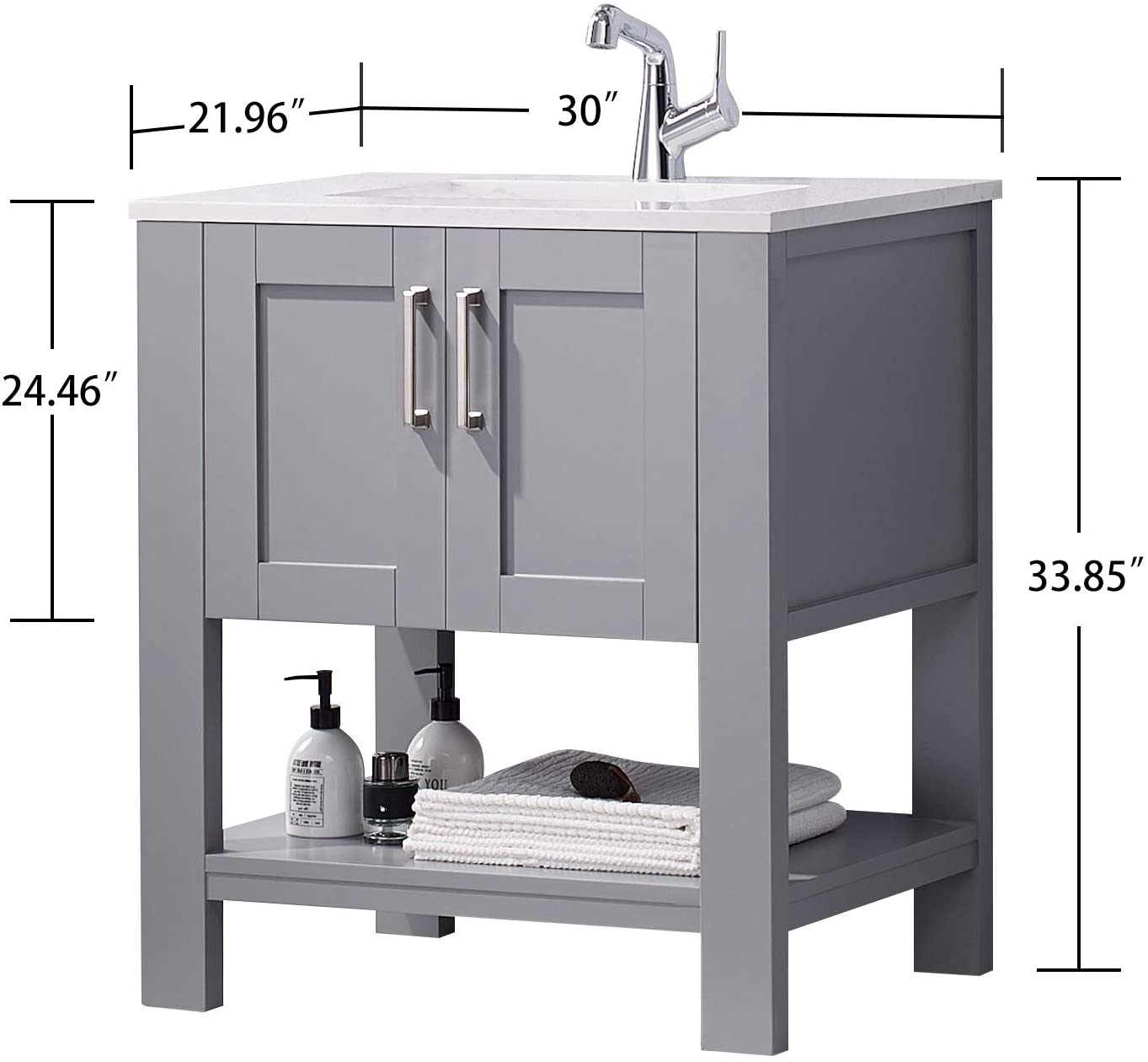 FR Gray Bathroom Vanity, 30 Inch with Marble Countertop and White Ceramic Sink