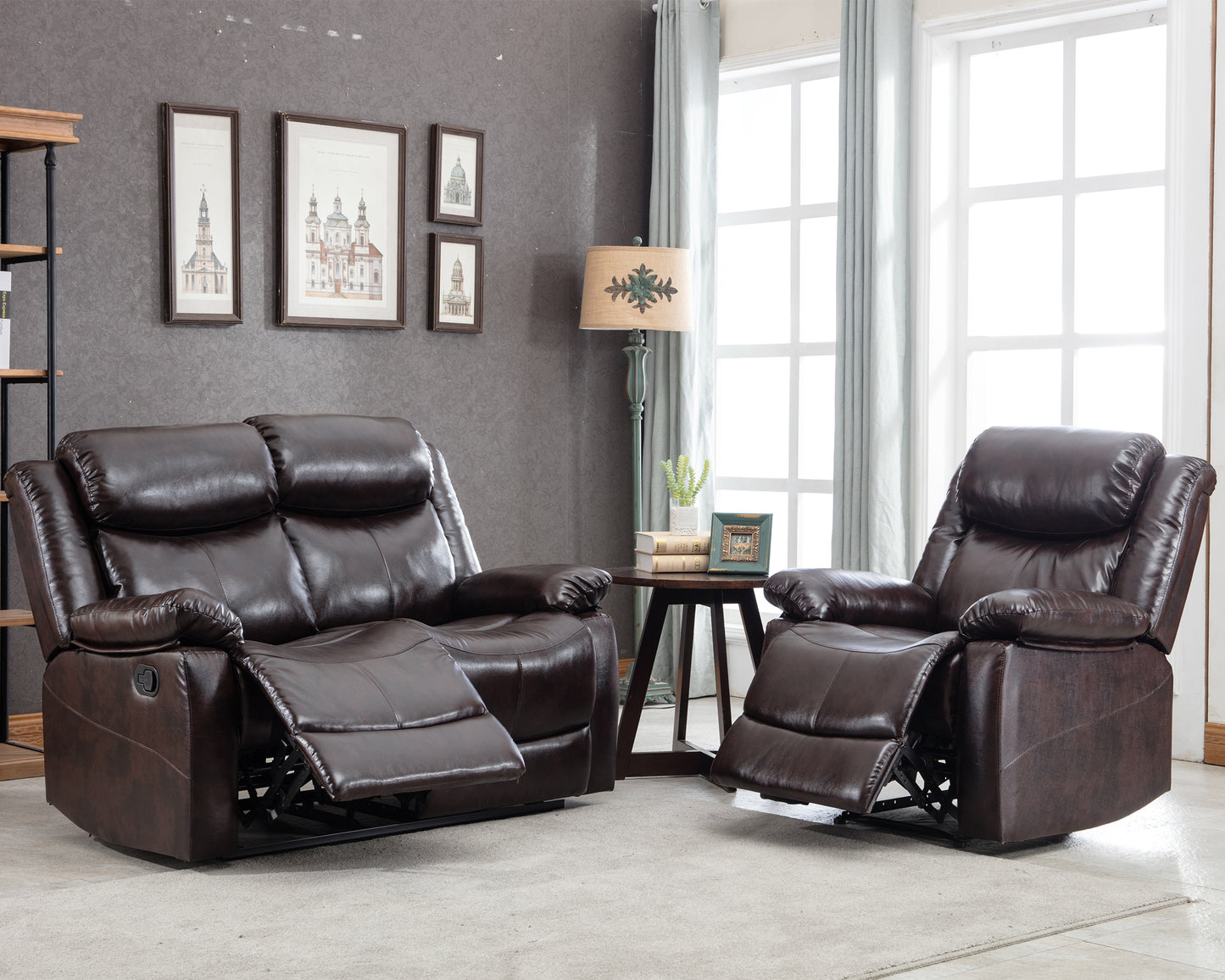 Classic Sectional Couch  Lounge Chair, Loveseat and Three Seat PU Leather Reclining Sofa Set, (1+2-Seat)