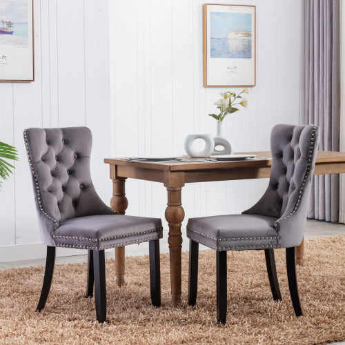 Set of 2, Contemporary Velvet Upholstered Dining Chair with Wooden Legs Nail Head Trim