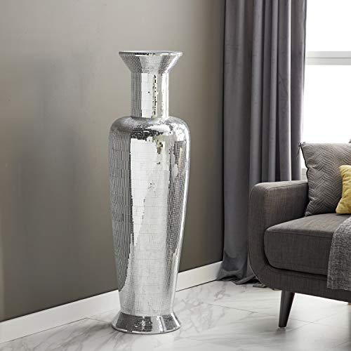 Polystone Trumpet Vase with Mosaic Mirror Inlay, 15" x 15" x 51", Silver