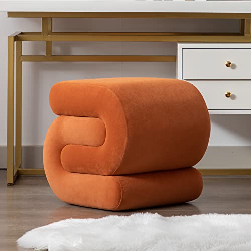 Modern Velvet S-Shaped Pouf Ottoman Footrest Vanity Stool, Makeup Chair, Foot Stool, Under Desk, Decorative Floor Seat for Makeup Room, Bedroom, Living Room (Velvet, Orange)