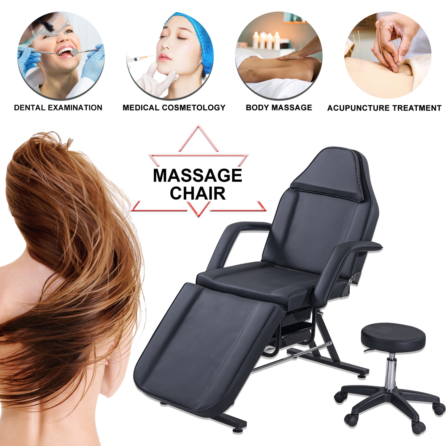 Massage Salon Tattoo Chair with Two Trays, Esthetician Bed with Hydraulic Stool